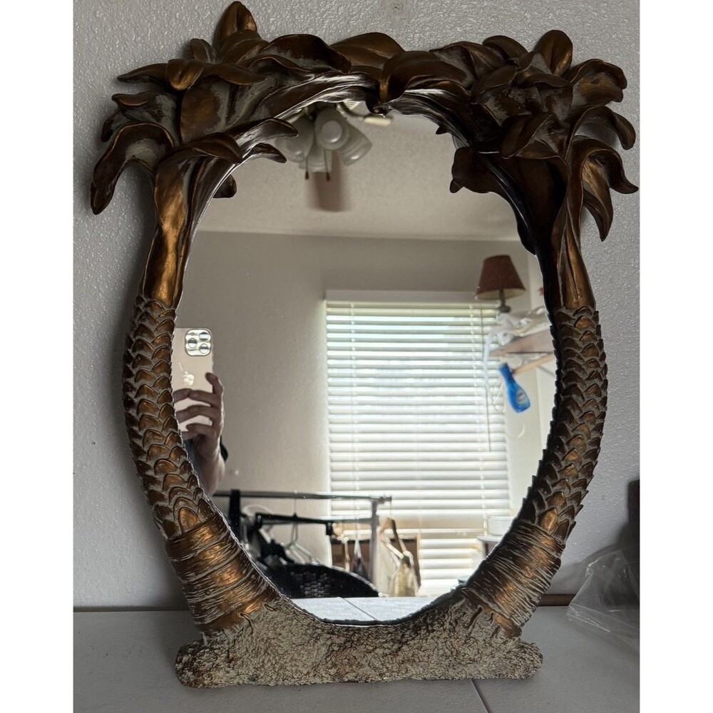 VTG Dezine Mirror Gold  Hand Painted Palm Trees Texture Palm Beach MCM Regency